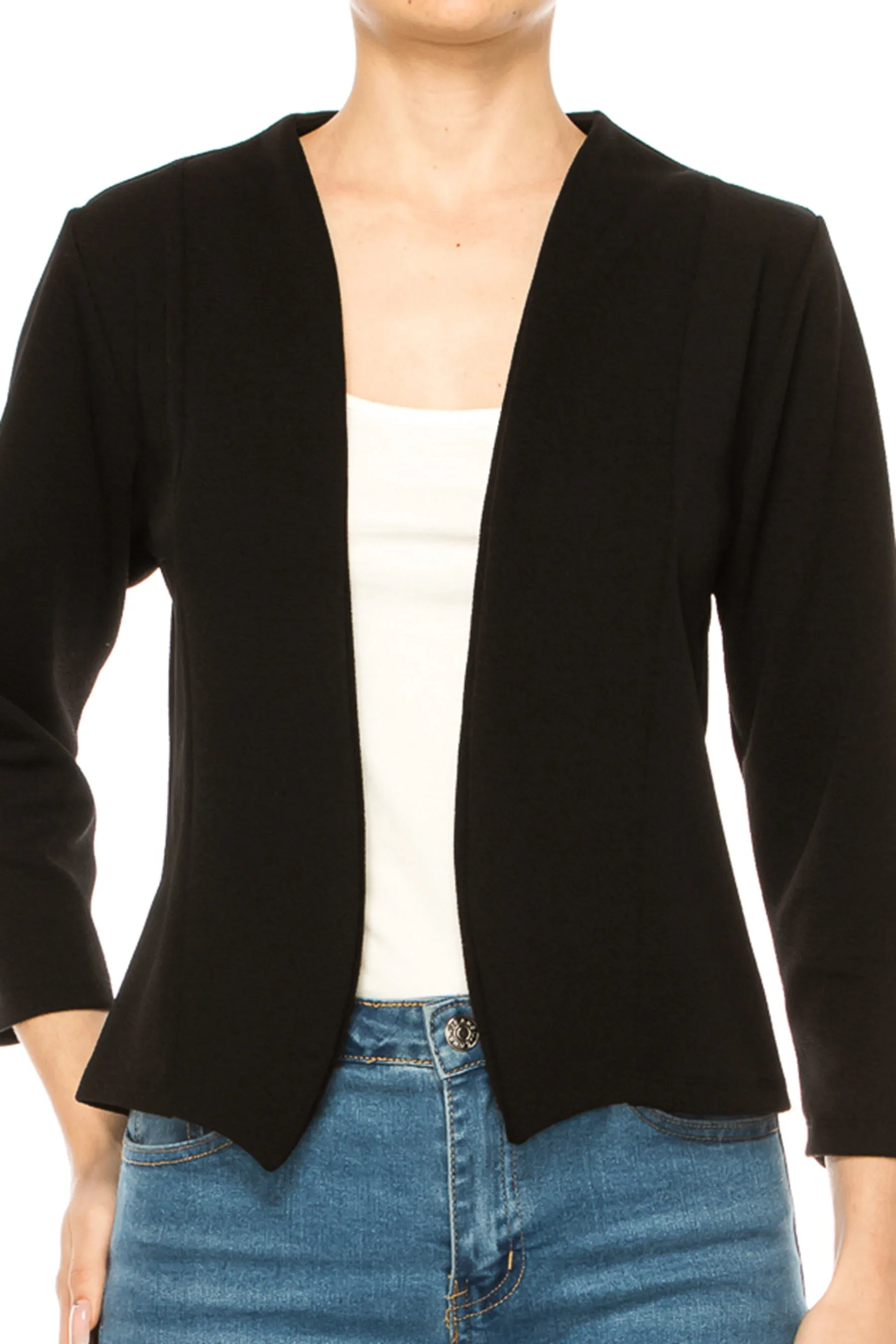 Women's Collarless Blazer Open Front Sleek 3/4 Sleeves Cardigan Made in USA