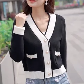 Womens V Neck Two Tone Cardigan