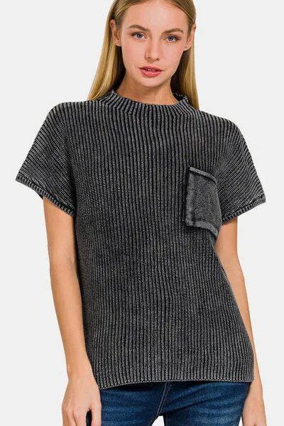 Zenana Pocketed Mock Neck Short Sleeve Sweater