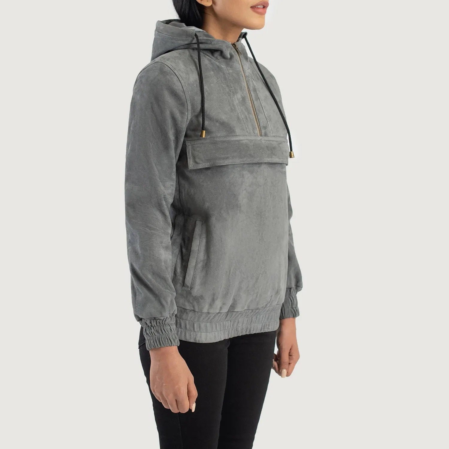 Zest Grey Hooded Suede Pullover Jacket